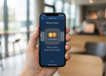 Primer plano de una mano sujetando un smartphone con la aplicación de banca móvil de Morgan Stanley. La pantalla azul muestra un botón destacado con iconos de Bitcoin y Ethereum y el texto "Crypto Wallet", señalando la nueva integración de criptomonedas. El fondo es el interior desenfocado de una cafetería.