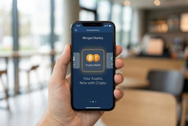 Primer plano de una mano sujetando un smartphone con la aplicación de banca móvil de Morgan Stanley. La pantalla azul muestra un botón destacado con iconos de Bitcoin y Ethereum y el texto "Crypto Wallet", señalando la nueva integración de criptomonedas. El fondo es el interior desenfocado de una cafetería.