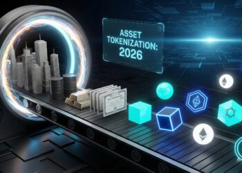 Ilustración 3D conceptual de una cinta transportadora futurista donde activos físicos (pequeños edificios, barriles de petróleo, lingotes de oro, certificados de acciones) entran en un portal de energía y se transforman en tokens digitales geométricos y brillantes con símbolos de blockchain. Una pantalla holográfica en el fondo oscuro muestra el texto "ASSET TOKENIZATION: 2026".