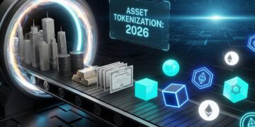 Ilustración 3D conceptual de una cinta transportadora futurista donde activos físicos (pequeños edificios, barriles de petróleo, lingotes de oro, certificados de acciones) entran en un portal de energía y se transforman en tokens digitales geométricos y brillantes con símbolos de blockchain. Una pantalla holográfica en el fondo oscuro muestra el texto "ASSET TOKENIZATION: 2026".