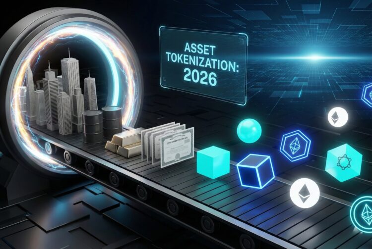 Ilustración 3D conceptual de una cinta transportadora futurista donde activos físicos (pequeños edificios, barriles de petróleo, lingotes de oro, certificados de acciones) entran en un portal de energía y se transforman en tokens digitales geométricos y brillantes con símbolos de blockchain. Una pantalla holográfica en el fondo oscuro muestra el texto "ASSET TOKENIZATION: 2026".