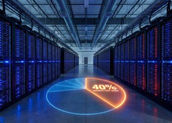 Fotografía de perspectiva profunda del interior de un centro de datos masivo, con pasillos largos flanqueados por racks de servidores con luces azules y rojas. En el suelo de hormigón pulido, se proyecta un gráfico circular holográfico brillante donde una gran sección naranja destaca con el texto "40% CAPACITY COST SHARE".