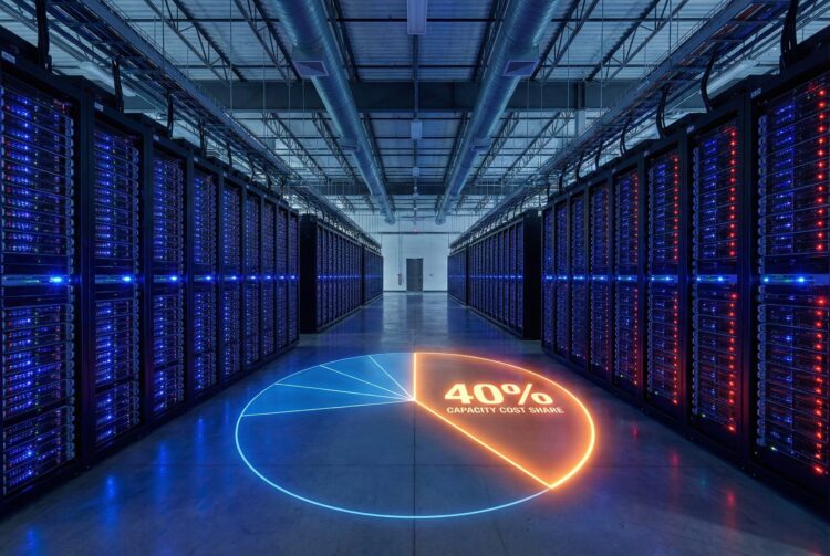 Fotografía de perspectiva profunda del interior de un centro de datos masivo, con pasillos largos flanqueados por racks de servidores con luces azules y rojas. En el suelo de hormigón pulido, se proyecta un gráfico circular holográfico brillante donde una gran sección naranja destaca con el texto "40% CAPACITY COST SHARE".