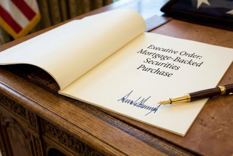 Fotografía de primer plano sobre un escritorio de madera tallada estilo Resolute, mostrando una orden ejecutiva abierta con el encabezado "Executive Order: Mortgage-Backed Securities Purchase" y una firma manuscrita en tinta azul. Una pluma estilográfica descansa sobre el documento.