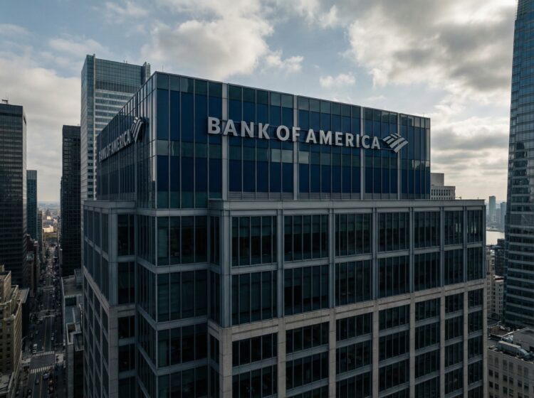 Una fotografía de arquitectura muestra la parte superior de un rascacielos de oficinas en un entorno urbano denso. El letrero con el nombre y el logotipo de "BANK OF AMERICA" es prominente en la fachada de vidrio azul y acero. El edificio está rodeado por otros rascacielos bajo un cielo mayormente nublado con luz natural difusa; un río es visible en el fondo lejano a la derecha.