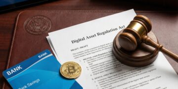 Una fotografía detallada desde arriba muestra un mazo de juez de madera descansando sobre un documento impreso titulado "Digital Asset Regulation Act - DRAFT". A la izquierda del documento, hay una moneda física de Bitcoin dorada y una libreta de ahorros bancaria azul. Estos objetos están sobre una carpeta de escritorio de cuero marrón con el sello "UNITED STATES CONGRESSIONAL" grabado. En el fondo, se ven libros de leyes antiguos y una tableta que muestra la fecha "Wednesday, January 14, 2026". La iluminación se centra en los documentos y los objetos.