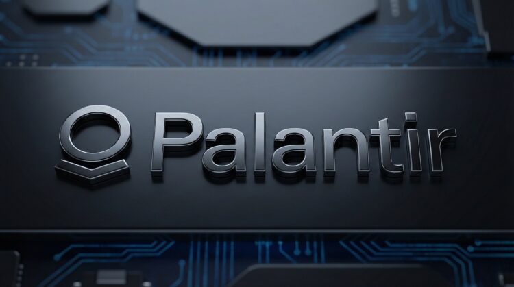 Palantir en metal oscuro sobre un fondo de circuitos tecnológicos azul oscuro.