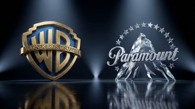 Warner Bros. Discovery y Paramount sobre un escenario oscuro y altamente reflectante.