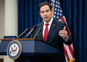 Fotografía de prensa del senador Marco Rubio hablando con expresión seria desde un podio oficial con el sello del Senado de los Estados Unidos. Viste traje azul marino y corbata roja, y gesticula con la mano derecha para enfatizar un punto ante los micrófonos. Una pantalla digital en el podio muestra la fecha "January 4, 2026". Una bandera de EE. UU. y cortinas azules forman el fondo desenfocado.