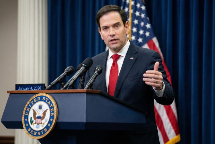 Fotografía de prensa del senador Marco Rubio hablando con expresión seria desde un podio oficial con el sello del Senado de los Estados Unidos. Viste traje azul marino y corbata roja, y gesticula con la mano derecha para enfatizar un punto ante los micrófonos. Una pantalla digital en el podio muestra la fecha "January 4, 2026". Una bandera de EE. UU. y cortinas azules forman el fondo desenfocado.
