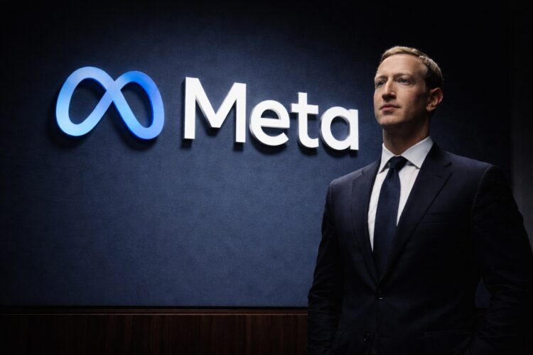 Logotipo de Meta junto a Mark Zuckerberg tras resultados trimestrales.