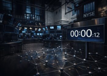Piso de la NYSE vacío de noche con red blockchain integrada al entorno bursátil.
