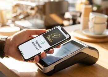 Fotografía de primer plano en una cafetería que muestra una mano sosteniendo un smartphone sobre una terminal de punto de venta (POS). La pantalla del teléfono muestra la confirmación verde de "Payment Approved" dentro de una aplicación llamada "Scudo", que presenta un icono dorado de un lingote de oro. La terminal POS debajo indica el monto de la compra. El fondo está ligeramente desenfocado con una máquina de café y tazas.