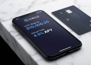 Fotografía de primer plano de un teléfono inteligente sobre una superficie de mármol blanco, mostrando la aplicación móvil Circle. La pantalla indica un "Saldo de USDC" de "$10,500.25" y un "Rendimiento Anual" del "4.5% APY". A la derecha del teléfono, descansa una tarjeta de débito negra de Capital One. El fondo es una encimera de mármol limpia e iluminada.
