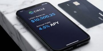 Fotografía de primer plano de un teléfono inteligente sobre una superficie de mármol blanco, mostrando la aplicación móvil Circle. La pantalla indica un "Saldo de USDC" de "$10,500.25" y un "Rendimiento Anual" del "4.5% APY". A la derecha del teléfono, descansa una tarjeta de débito negra de Capital One. El fondo es una encimera de mármol limpia e iluminada.