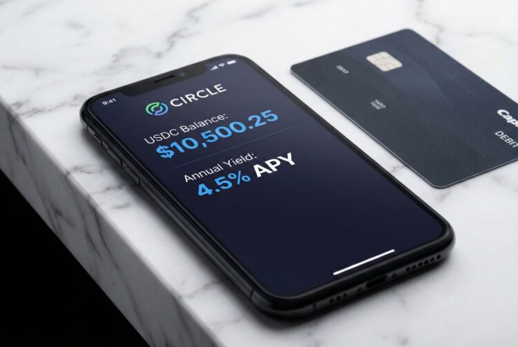 Fotografía de primer plano de un teléfono inteligente sobre una superficie de mármol blanco, mostrando la aplicación móvil Circle. La pantalla indica un "Saldo de USDC" de "$10,500.25" y un "Rendimiento Anual" del "4.5% APY". A la derecha del teléfono, descansa una tarjeta de débito negra de Capital One. El fondo es una encimera de mármol limpia e iluminada.