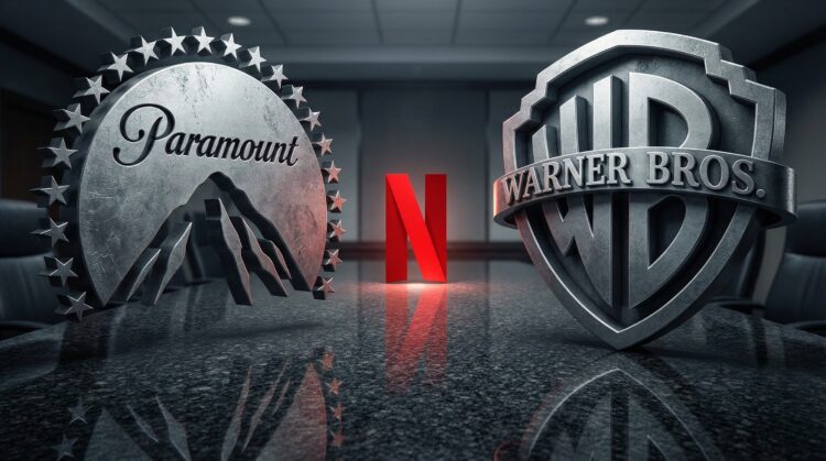 Logos gigantes de Paramount y Warner Bros. enfrentados por el logo de Netflix.