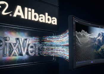 Logos de Alibaba y PixVerse con flujo de datos hacia pantalla de generación de video IA.