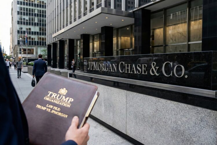 Una fotografía a la altura de los ojos muestra a una persona, vista desde el torso hacia abajo, sosteniendo una carpeta de cuero marrón con el texto dorado "TRUMP ORGANIZATION" y "LAW FILE: TRUMP VS. JPMORGAN". La persona está de pie frente a un edificio de oficinas moderno, con un gran letrero plateado que dice "JPMORGAN CHASE & CO." visible en una pared de granito oscuro en el fondo. Hay peatones caminando por la acera y la entrada del edificio al fondo.