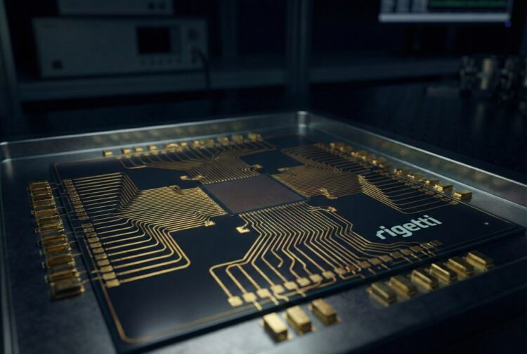 Fotografía macro detallada de un chip procesador cuántico de Rigetti. Se observan los intrincados circuitos superconductores dorados sobre un sustrato de silicio oscuro, con el logotipo de "Rigetti" visible en la esquina inferior derecha. El chip reposa en un soporte metálico dentro de un entorno de laboratorio con iluminación tenue.
