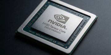 Una fotografía macro de alta resolución muestra el procesador GPU Nvidia H100 Tensor Core. El logotipo de Nvidia, el texto "H100 Tensor Core" y el número de serie están grabados con precisión en el disipador térmico metálico plateado del centro. El chip descansa sobre una superficie oscura, con una iluminación lateral dramática que resalta la textura del metal y los pequeños componentes electrónicos en la placa de circuito verde que lo rodea.
