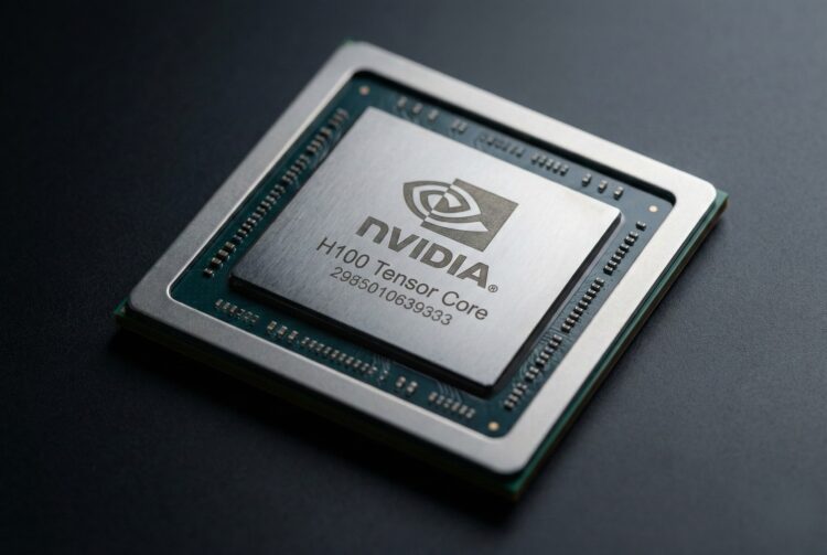 Una fotografía macro de alta resolución muestra el procesador GPU Nvidia H100 Tensor Core. El logotipo de Nvidia, el texto "H100 Tensor Core" y el número de serie están grabados con precisión en el disipador térmico metálico plateado del centro. El chip descansa sobre una superficie oscura, con una iluminación lateral dramática que resalta la textura del metal y los pequeños componentes electrónicos en la placa de circuito verde que lo rodea.