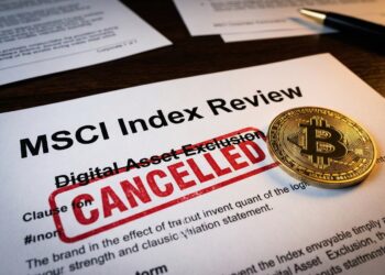 Un primer plano de un documento de revisión del índice MSCI sobre un escritorio de madera. Una gran estampilla roja que dice "CANCELLED" está estampada sobre una sección titulada "Digital Asset Exclusion". Una moneda de Bitcoin dorada descansa sobre el documento junto a la estampilla, con otros papeles y un bolígrafo desenfocados en el fondo.