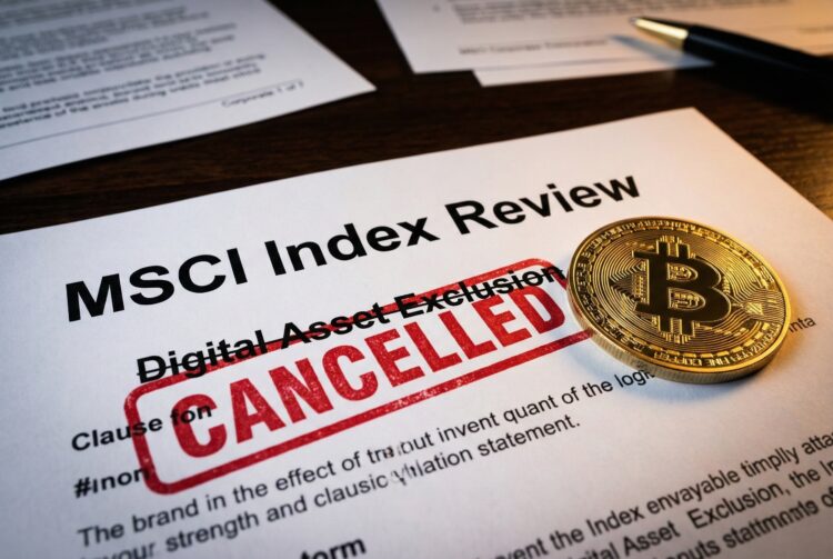 Un primer plano de un documento de revisión del índice MSCI sobre un escritorio de madera. Una gran estampilla roja que dice "CANCELLED" está estampada sobre una sección titulada "Digital Asset Exclusion". Una moneda de Bitcoin dorada descansa sobre el documento junto a la estampilla, con otros papeles y un bolígrafo desenfocados en el fondo.