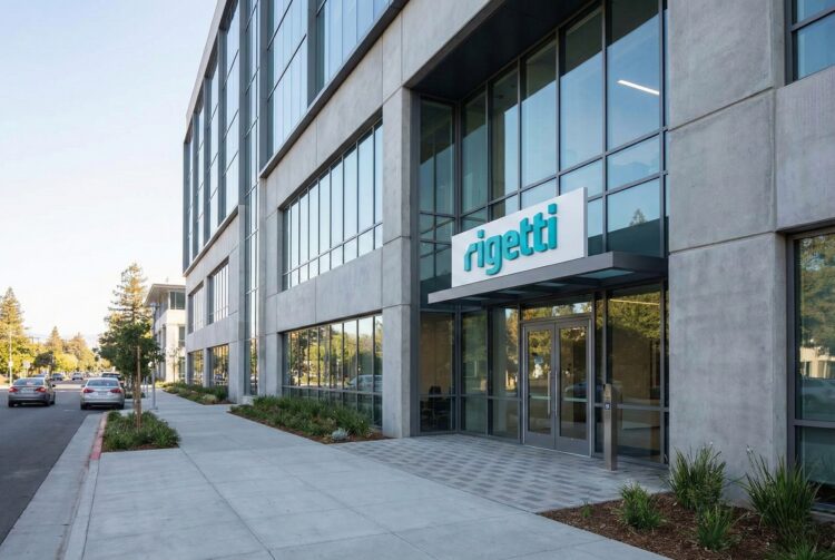 Fotografía exterior a nivel de calle de un edificio moderno de oficinas de hormigón y vidrio. Un letrero prominente con el logo azul y el texto "Rigetti" está ubicado sobre la entrada principal. La escena es durante el día, con una acera limpia y una calle tranquila con algunos vehículos, bajo un cielo despejado.