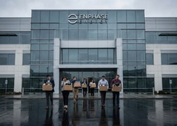 Fotografía de plano general de la fachada principal de la sede de Enphase Energy bajo un cielo denso y nublado. El edificio moderno de paneles de vidrio y metal muestra el logotipo y el nombre de la empresa en la parte superior. La iluminación es fría y sombría, y el suelo mojado refleja el entorno gris, sin actividad visible de personas o vehículos en la entrada.