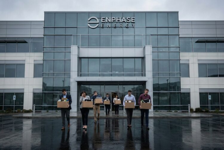 Fotografía de plano general de la fachada principal de la sede de Enphase Energy bajo un cielo denso y nublado. El edificio moderno de paneles de vidrio y metal muestra el logotipo y el nombre de la empresa en la parte superior. La iluminación es fría y sombría, y el suelo mojado refleja el entorno gris, sin actividad visible de personas o vehículos en la entrada.