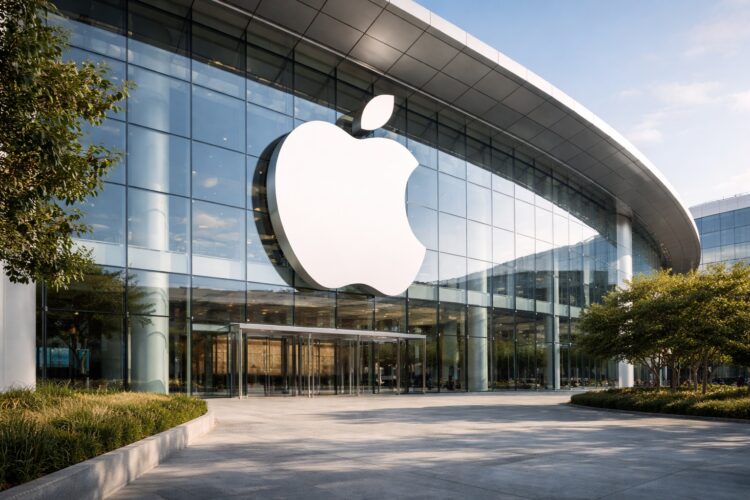 Logo de Apple integrado en edificio corporativo de gran escala.