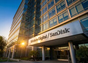 Fotografía exterior en ángulo contrapicado de la moderna fachada de vidrio y acero del edificio de la sede de Western Digital / SanDisk. Un gran letrero plateado con los nombres de ambas compañías está montado sobre la entrada principal. La luz dorada del atardecer golpea el edificio desde la izquierda, creando un destello solar y reflejos cálidos en las ventanas, con palmeras y vegetación en la base bajo un cielo azul y naranja.