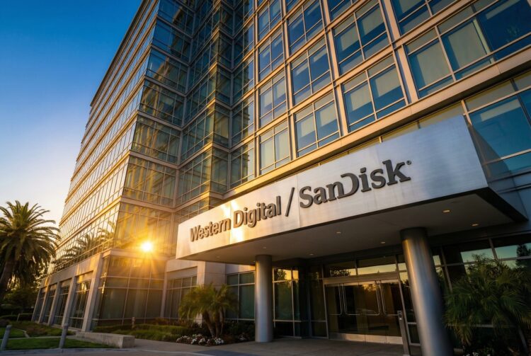 Fotografía exterior en ángulo contrapicado de la moderna fachada de vidrio y acero del edificio de la sede de Western Digital / SanDisk. Un gran letrero plateado con los nombres de ambas compañías está montado sobre la entrada principal. La luz dorada del atardecer golpea el edificio desde la izquierda, creando un destello solar y reflejos cálidos en las ventanas, con palmeras y vegetación en la base bajo un cielo azul y naranja.