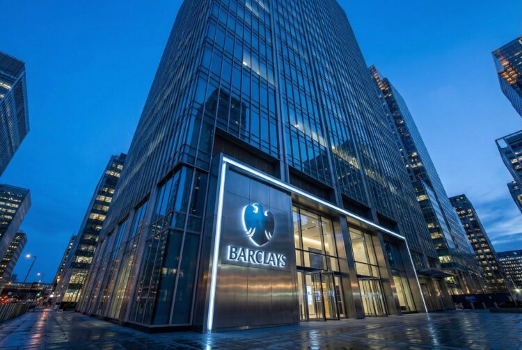 Fotografía en ángulo contrapicado del moderno rascacielos de la sede de Barclays en Canary Wharf, Londres. El logotipo y el nombre de Barclays están iluminados en la fachada de vidrio y acero al anochecer. Las luces de la ciudad y el cielo azul oscuro se reflejan en las ventanas del edificio y en el pavimento mojado.