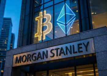 Fachada de Morgan Stanley con logos de Bitcoin y Ethereum.