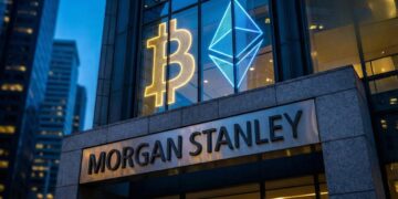 Fachada de Morgan Stanley con logos de Bitcoin y Ethereum.
