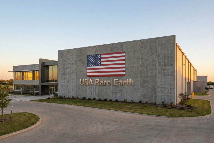 Fotografía exterior del edificio de la empresa USA Rare Earth. La imagen muestra una instalación industrial moderna con una gran bandera estadounidense y el nombre "USA Rare Earth" en letras metálicas en la fachada principal. El sol del atardecer ilumina el edificio y el entorno, que incluye un camino de entrada pavimentado y áreas verdes.