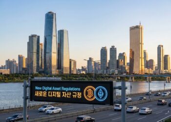 Fotografía panorámica del paisaje urbano del distrito financiero de Yeouido en Seúl durante el atardecer. En primer plano, sobre una autopista con tráfico fluido, un gran pórtico de señalización digital muestra el texto iluminado "New Digital Asset Regulations" en inglés y "새로운 디지털 자산 규정" en coreano, flanqueado por los logotipos de neón de Bitcoin y Ethereum. Rascacielos icónicos, incluido el 63 Building dorado, se alzan al fondo detrás del río Han.