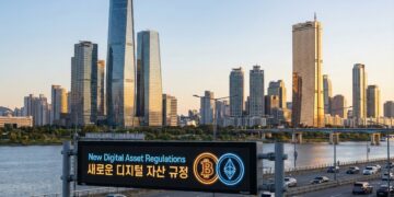 Fotografía panorámica del paisaje urbano del distrito financiero de Yeouido en Seúl durante el atardecer. En primer plano, sobre una autopista con tráfico fluido, un gran pórtico de señalización digital muestra el texto iluminado "New Digital Asset Regulations" en inglés y "새로운 디지털 자산 규정" en coreano, flanqueado por los logotipos de neón de Bitcoin y Ethereum. Rascacielos icónicos, incluido el 63 Building dorado, se alzan al fondo detrás del río Han.