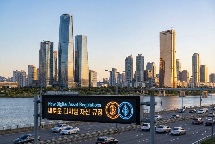 Fotografía panorámica del paisaje urbano del distrito financiero de Yeouido en Seúl durante el atardecer. En primer plano, sobre una autopista con tráfico fluido, un gran pórtico de señalización digital muestra el texto iluminado "New Digital Asset Regulations" en inglés y "새로운 디지털 자산 규정" en coreano, flanqueado por los logotipos de neón de Bitcoin y Ethereum. Rascacielos icónicos, incluido el 63 Building dorado, se alzan al fondo detrás del río Han.