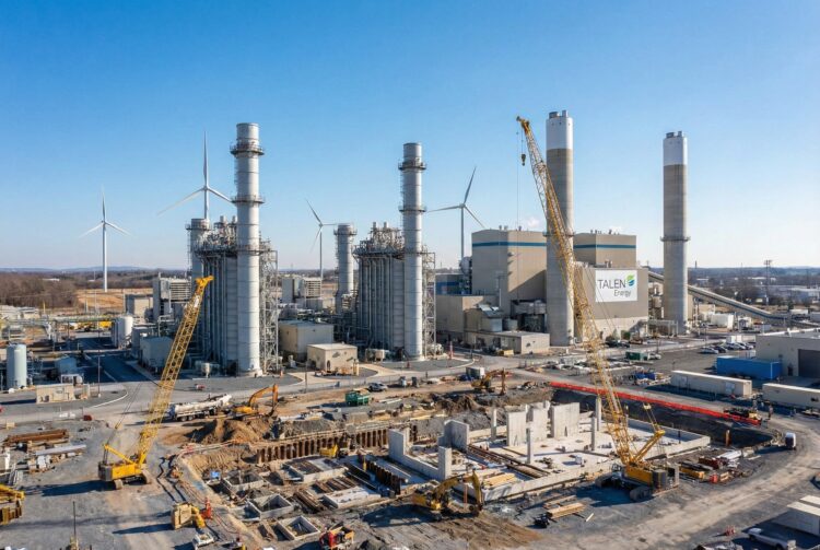 Una fotografía de paisaje de ángulo amplio muestra una planta de energía de Talen Energy en construcción bajo un cielo azul despejado. El sitio cuenta con múltiples chimeneas altas, un edificio grande con el logotipo de "TALEN Energy" y varias turbinas eólicas en el fondo. En primer plano, hay una zona de construcción activa con grúas amarillas, excavadoras y trabajos de cimentación de hormigón en curso.