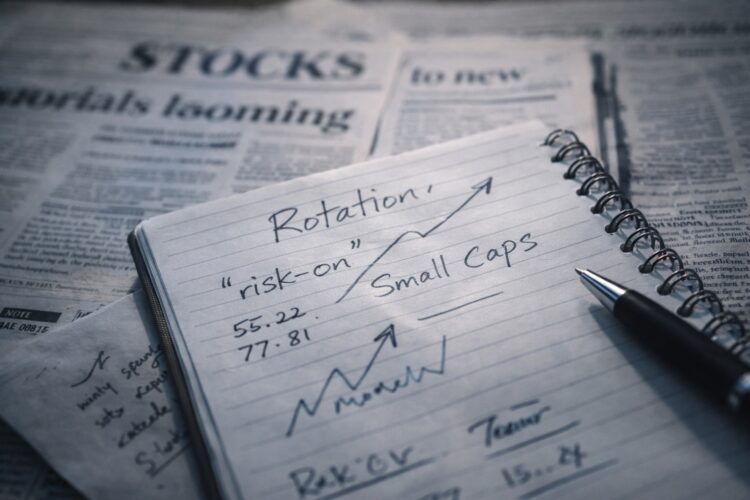 Pequeñas empresas en pizarra financiera ilustran el avance de las small caps.