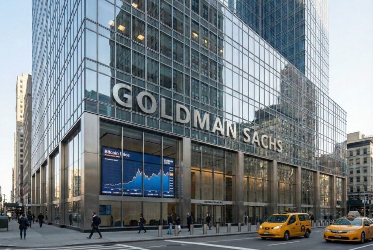 Una fotografía del exterior del rascacielos sede de Goldman Sachs en 200 West Street en la ciudad de Nueva York. El moderno edificio de fachada de vidrio y acero presenta grandes letras metálicas que dicen "GOLDMAN SACHS". A nivel de calle, una gran pantalla digital dentro de una ventana muestra un gráfico titulado "Bitcoin Price". Peatones caminan por la acera y un taxi amarillo circula por la calle. La fachada del edificio refleja otras estructuras de la ciudad bajo la luz del día.