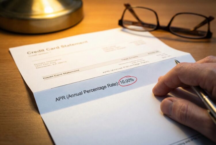 Fotografía de primer plano sobre un escritorio de madera que muestra un estado de cuenta de tarjeta de crédito impreso. Una mano sostiene un bolígrafo y señala la línea de texto que dice "APR (Annual Percentage Rate):", donde el valor numérico "10.00%" está claramente marcado dentro de un círculo rojo manuscrito. Unas gafas de lectura y la base de una lámpara están desenfocadas en el fondo bajo una iluminación cálida.