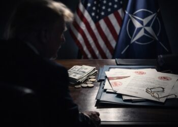 Escena de tensión política con documentos y dinero sobre mesa, reflejando aranceles y OTAN.