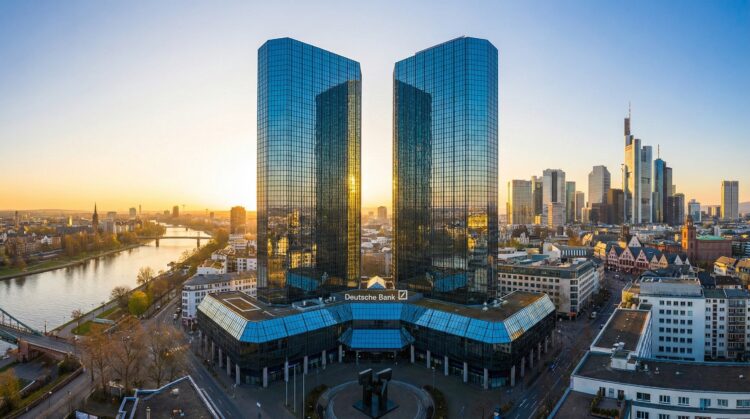 Fotografía panorámica de las Torres Gemelas del Deutsche Bank en Frankfurt, Alemania, al amanecer. Los dos rascacielos de vidrio azul reflejan la luz dorada del sol naciente, que brilla intensamente entre ellos. El logotipo de "Deutsche Bank" es visible en la base del edificio. El río Meno y el horizonte de la ciudad de Frankfurt, con otros edificios y puentes, se extienden en el fondo bajo un cielo despejado que pasa de naranja a azul.