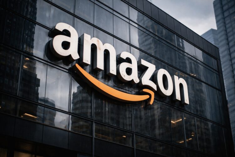 Logo de Amazon en sede corporativa bajo presión por dudas de IA.