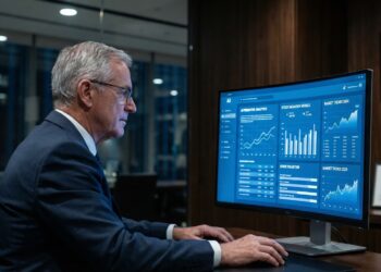 Fotografía de medio cuerpo de un analista sénior con gafas y traje, sentado de perfil en una oficina oscura de noche. Mira concentrado un monitor grande que muestra gráficos financieros azules, métricas de "AI PREDICTIVE ANALYTICS" y "MARKET TRENDS 2024". Luces de ciudad al fondo.