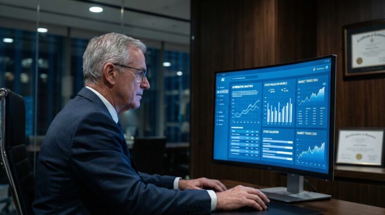 Fotografía de medio cuerpo de un analista sénior con gafas y traje, sentado de perfil en una oficina oscura de noche. Mira concentrado un monitor grande que muestra gráficos financieros azules, métricas de "AI PREDICTIVE ANALYTICS" y "MARKET TRENDS 2024". Luces de ciudad al fondo.